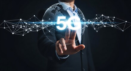 Innovative 5G Technology Concept with Hand Touching Global Network Connection and Data Transfer Visual Representation