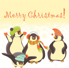 Funny penguins friends celebrating Christmas. Vector illustration