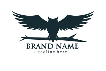 of Silhouette Owl on Branch with Wings on White Background
