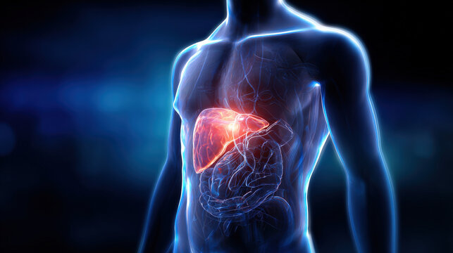 transparent torso diagram showing liver glowing other organs muted focus highlight scientific accuracy illustration concept scene visual for commercial design use high detail quality stock image