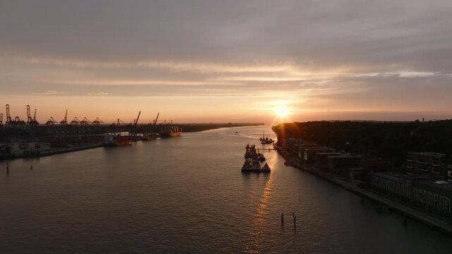 Hamburg Harbour Sunset wiht ships and cranes, container yard HHLA and Cargo Ship