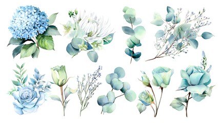 A collection of various blue flowers and green leaves, featuring hydrangeas, roses, and other floral elements, ideal for floral design or decoration isolated on white background