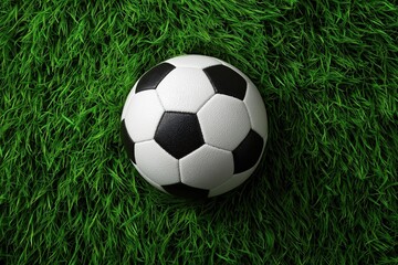 Fototapeta premium Iconic black and white soccer ball resting on lush green grass, evoking a sense of sport, competition, and outdoor recreation.