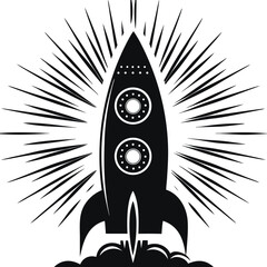 Outlined Rocket Ship Flying with Fire on White Background, Nostalgic Design