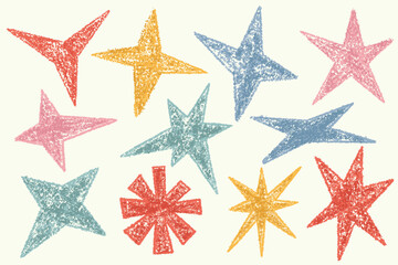Hand-drawn stars set with chalk and pastel pencil texture. Doodle grunge cute stickers for collage. Kids color drawing of bling and twinkles. Retro sparkles