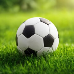 Obraz premium Classic black and white soccer ball resting on vibrant green grass, ready for game day action and outdoor sports fun