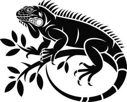 Detailed iguana silhouette on tree branch with leaves, black and white vector illustration, perfect for tattoo design, wildlife art, jungle, and reptile themes.Detailed igu