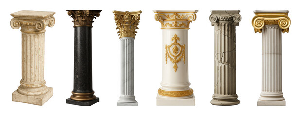 Obraz premium Classical column set including Ionic, Corinthian, weathered, marble, and ornate styles isolated. Architectural elements for design and decor.