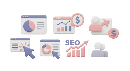 Set of modern 3D icons for digital marketing, business analytics, financial performance, and SEO strategy development concepts