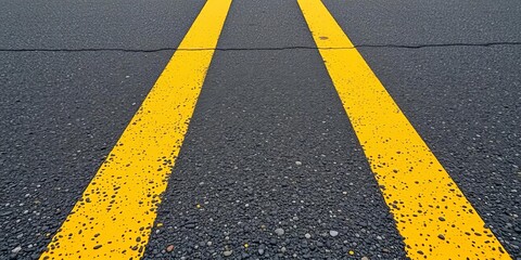 Close-up view of bright yellow road markings on asphalt, safety, detail