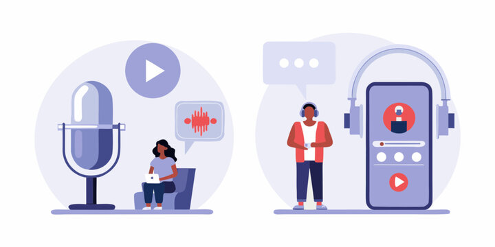 Digital podcast creation and listening with people interacting with audio recording equipment and mobile devices - Powered by Adobe