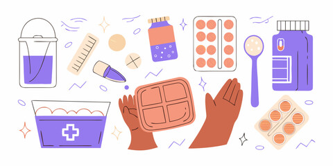 Collection of medical supplies and medications presented in a flat design style