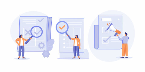 Team reviewing checklist and project plan with magnifying glass and megaphone for task management and communication