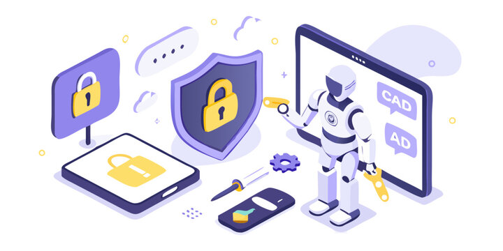 Robot protecting digital data and information with security shield and locks on devices