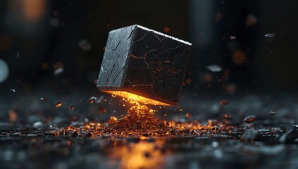 Metal object impacting and shattering a dark surface with sparks flying
