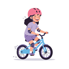 Fototapeta premium a girl with a pink helmet, wearing elbow and knee pads over a lavender t-shirt and shorts set, smiling widely as she rides her first blue bicycle without training wheels