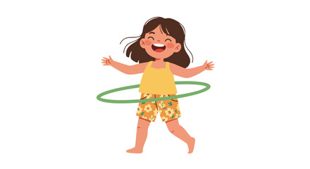  a child wearing a yellow tank top and floral-patterned shorts, laughing as she successfully spins a green hula hoop around her waist