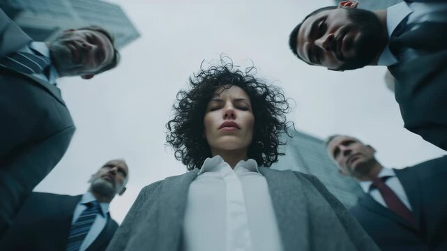 Strong businesswoman standing confidently amidst a group of men, showcasing leadership and determination in a corporate environment with skyscrapers above