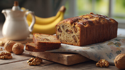 Freshly baked banana bread loaf with crunchy walnuts on a wooden board in cozy morning light