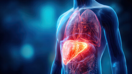 transparent torso diagram showing liver glowing other organs muted focus highlight scientific accuracy illustration concept scene visual for commercial design use high detail quality stock image