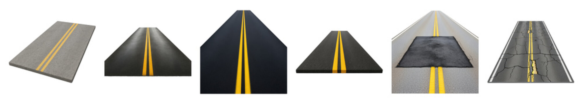 Road segment set including straight, perspective, cracked, patched, and varied asphalt sections isolated. Transportation and mapping design elements.
