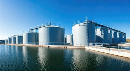 Wide shot of large metal storage tanks by a body of water