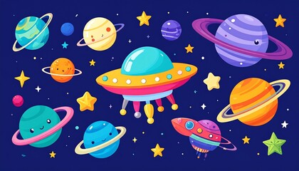 Cute Cartoon Planets And UFOs