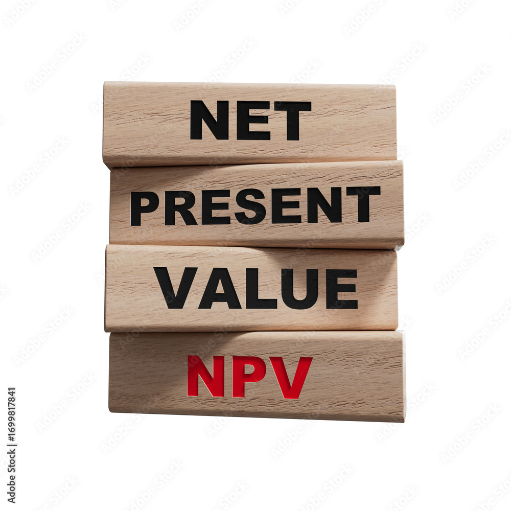 Poster net present value. npv the word on wooden blocks, cubes stand on a reflective surface. business and 