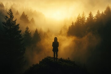 Silhouette of a woman standing on a hilltop amidst a foggy forest at sunrise.