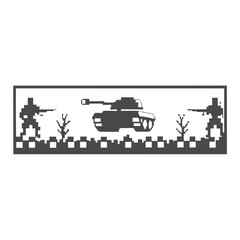 Pixel Art Tank and Buildings on White Background, Retro Style Design