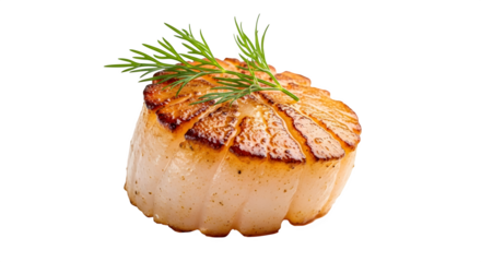 Seared scallop with dill isolated on transparent background, showcasing seafood cuisine, gourmet dining, and culinary presentation in a studio setting