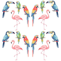 Obraz premium A vibrant tropical concept featuring a colorful collection of exotic birds. Seamless pattern with watercolor toucan, macaw, and flamingo