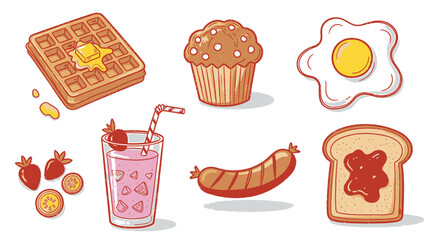 A set of cartoon-style breakfast food illustrations, including a waffle, muffin, fried egg, sausage, toast with jam, and strawberry drink.