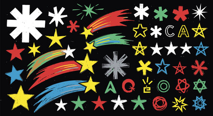 A vibrant collection of colorful starbursts, shooting stars, and abstract shapes on a black background.