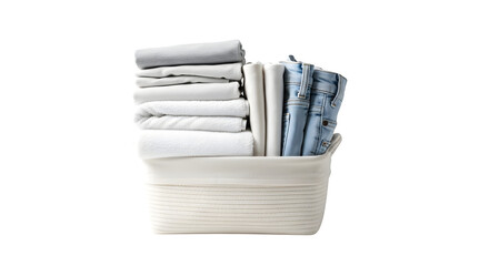 Neatly folded stack of fresh laundry in a woven basket isolated on transparent background, showcasing clean towels, sheets, and denim, ready to use