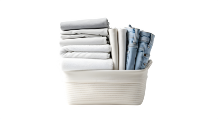 Neatly folded stack of fresh laundry in a woven basket isolated on transparent background, showcasing clean towels, sheets, and denim, ready to use