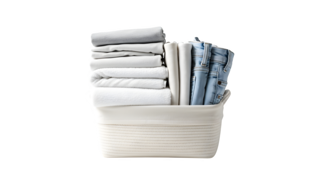 Neatly folded stack of fresh laundry in a woven basket isolated on transparent background, showcasing clean towels, sheets, and denim, ready to use