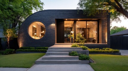 Modern dark-brick house with curved facade, large windows, and a circular window element, illuminated at dusk.  Landscaping includes low shrubs and lawn