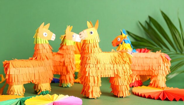 Colorful paper llamas on a green background (1)