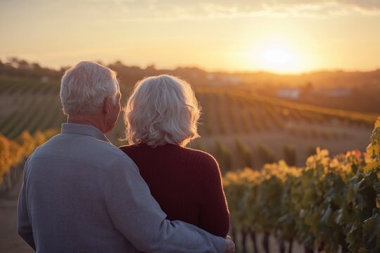 Elderly couple embraces, watching a breathtaking sunset over a vineyard, enjoying peaceful retirement.