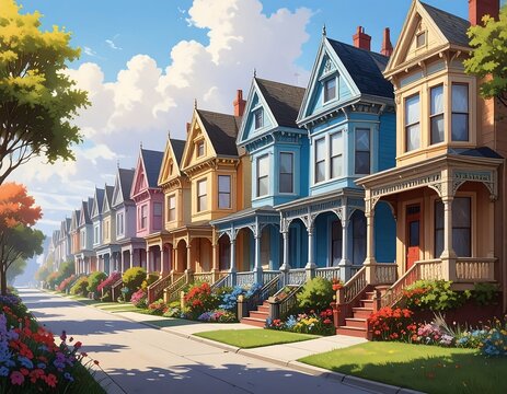 Row of colorful Victorian houses with intricate architecture and lush gardens
