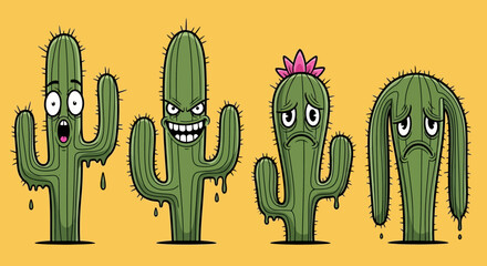 Four cartoon cacti with various expressions.