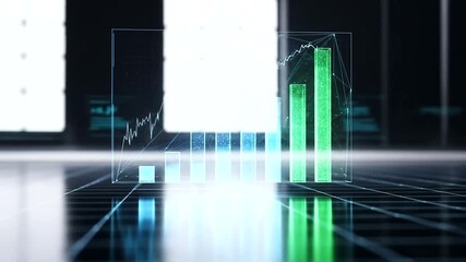 A futuristic digital display showcasing vibrant bar graphs representing data trends in a tech environment - Powered by Adobe