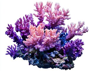Purple and blue coral reef isolated on white background with transparent PNG cutout, hyper-realistic and highly detailed high-resolution rendering showcasing marine texture and form.