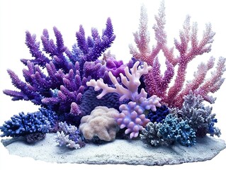 Purple and blue coral reef isolated on white background with transparent PNG cutout, hyper-realistic and highly detailed high-resolution rendering showcasing marine texture and form.