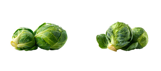 Fresh Brussels sprouts with water droplets on a transparent background, cut out