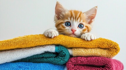Adorable orange and white kitten with blue eyes laying on colorful towels, isolated on transparent background, capturing innocence, warmth, and cozy domestic life.