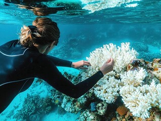 Back view of woman in black wetsuit tending to coral in lagoon, brushing and painting white corals with care, surrounded by vibrant blue underwater reef scene in natural light.
