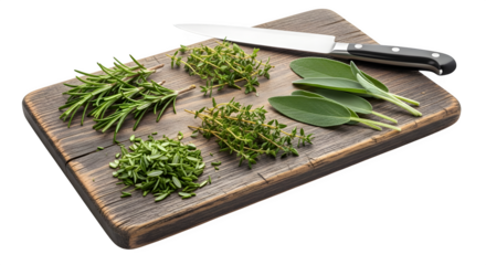 Assortment of fresh herbs on a wooden cutting board with a knife isolated on transparent background, perfect for culinary and cooking concepts