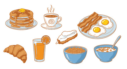 Breakfast food illustration with pancakes, eggs, bacon, cereal, croissant, juice, coffee, and pastry.